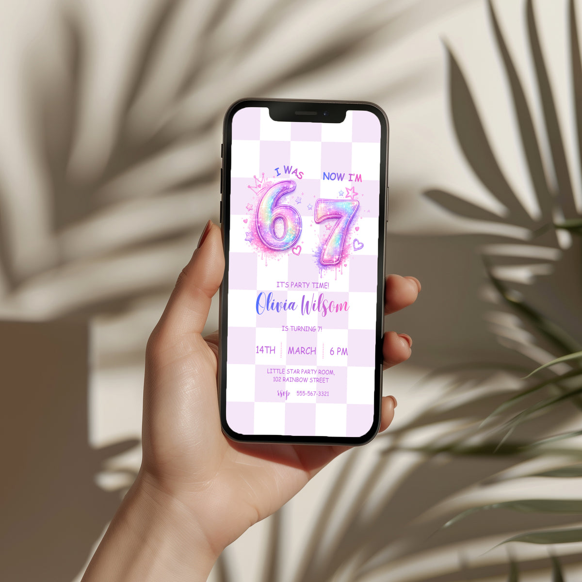 6 7 birthday invitation with sparkling pink and purple 67 numbers, stars, hearts and a pastel checkerboard background for a girly 7th birthday party.