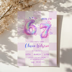 6 7 birthday invitation with sparkling pink and purple 67 numbers, stars, hearts and a pastel checkerboard background for a girly 7th birthday party.