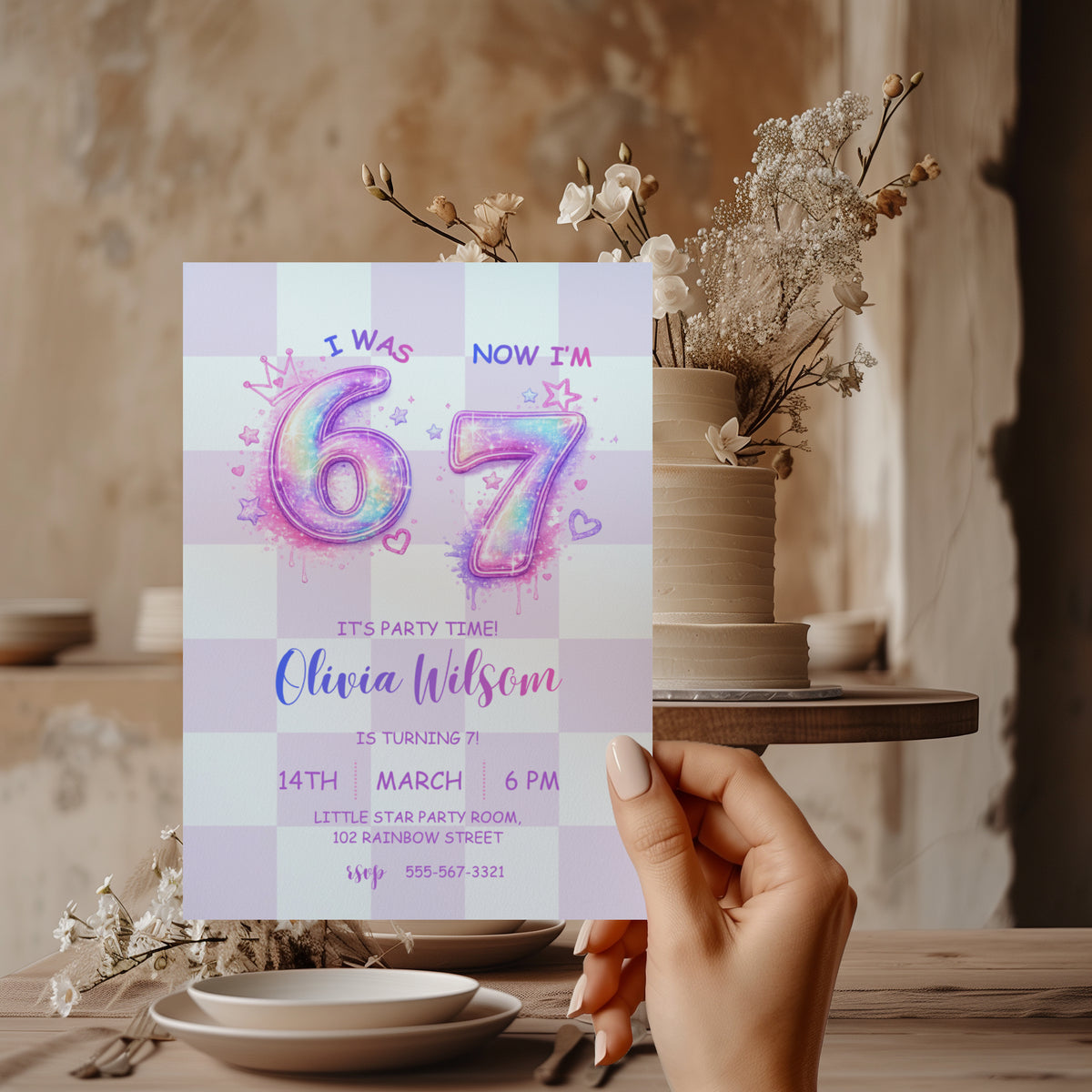 6 7 birthday invitation with sparkling pink and purple 67 numbers, stars, hearts and a pastel checkerboard background for a girly 7th birthday party.