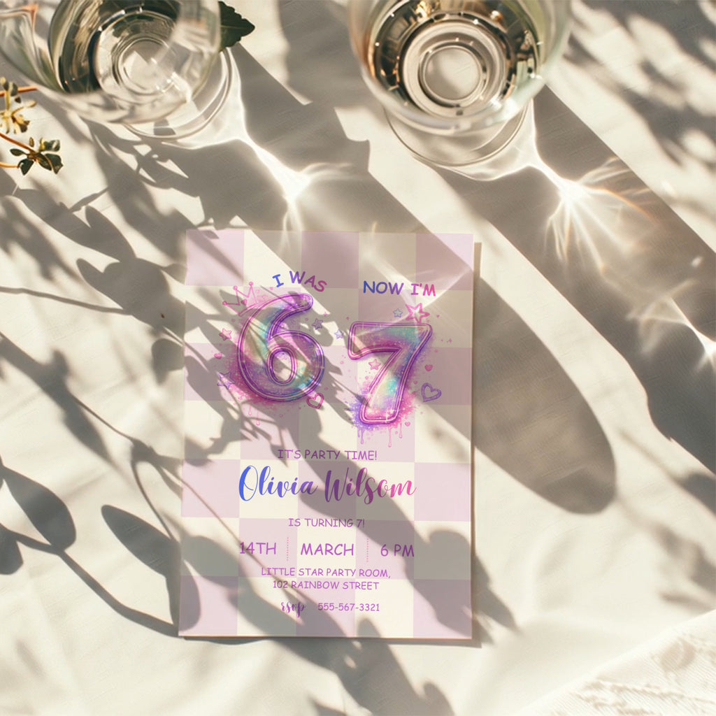 6 7 birthday invitation with sparkling pink and purple 67 numbers, stars, hearts and a pastel checkerboard background for a girly 7th birthday party.