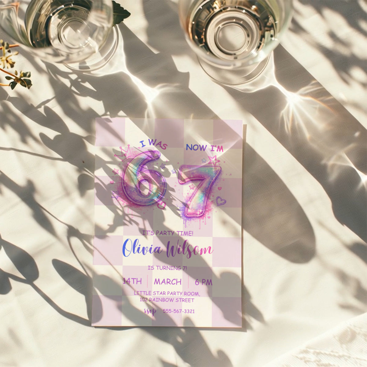 6 7 birthday invitation with sparkling pink and purple 67 numbers, stars, hearts and a pastel checkerboard background for a girly 7th birthday party.