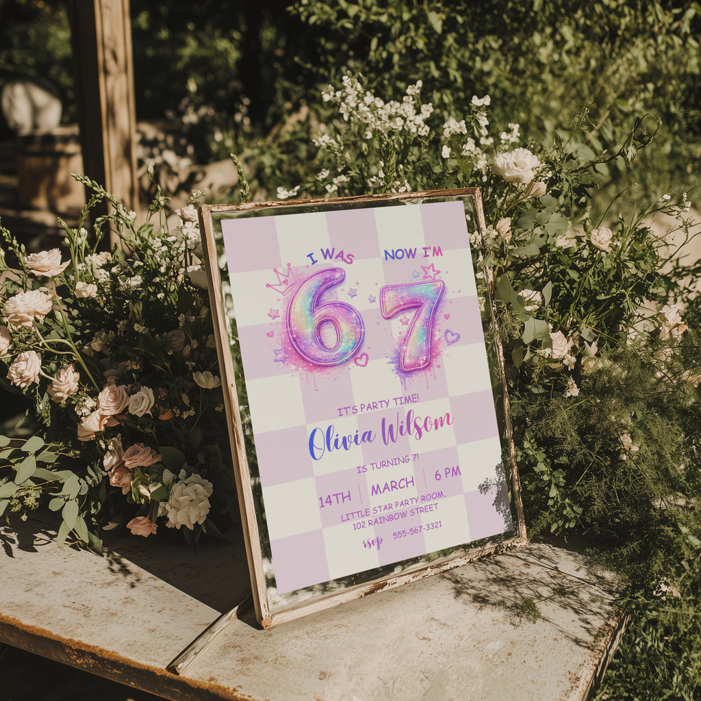 6 7 birthday invitation with sparkling pink and purple 67 numbers, stars, hearts and a pastel checkerboard background for a girly 7th birthday party.