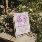 6 7 birthday invitation with sparkling pink and purple 67 numbers, stars, hearts and a pastel checkerboard background for a girly 7th birthday party.