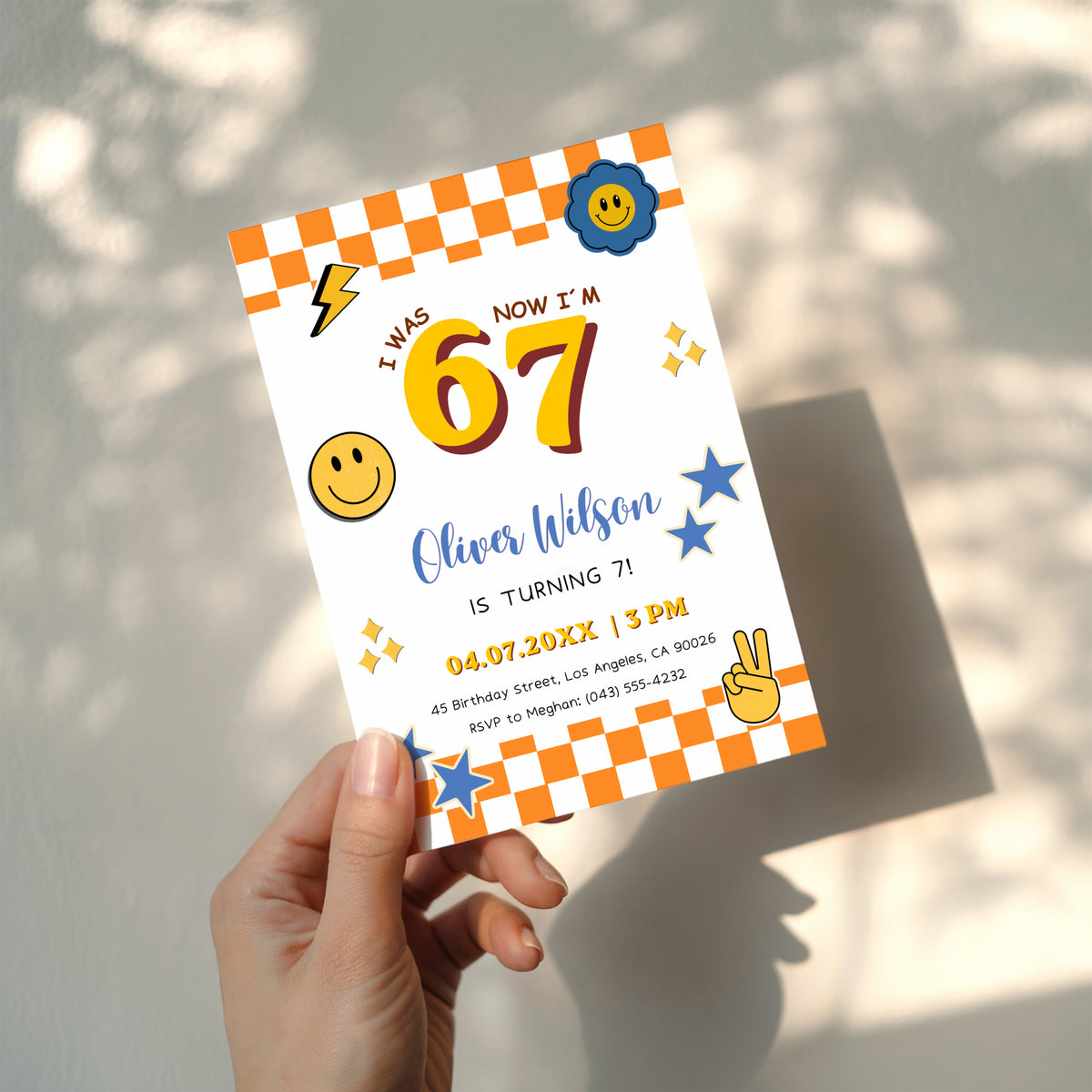 6 7 birthday invitation with bold 67 numbers, orange checkerboard border, happy face icons, blue stars, lightning bolt and peace hand for a retro 7th birthday party.