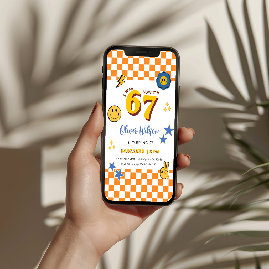 6 7 birthday invitation with bold 67 numbers, orange checkerboard border, happy face icons, blue stars, lightning bolt and peace hand for a retro 7th birthday party.