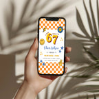 6 7 birthday invitation with bold 67 numbers, orange checkerboard border, happy face icons, blue stars, lightning bolt and peace hand for a retro 7th birthday party.