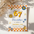 6 7 birthday invitation with bold 67 numbers, orange checkerboard border, happy face icons, blue stars, lightning bolt and peace hand for a retro 7th birthday party.
