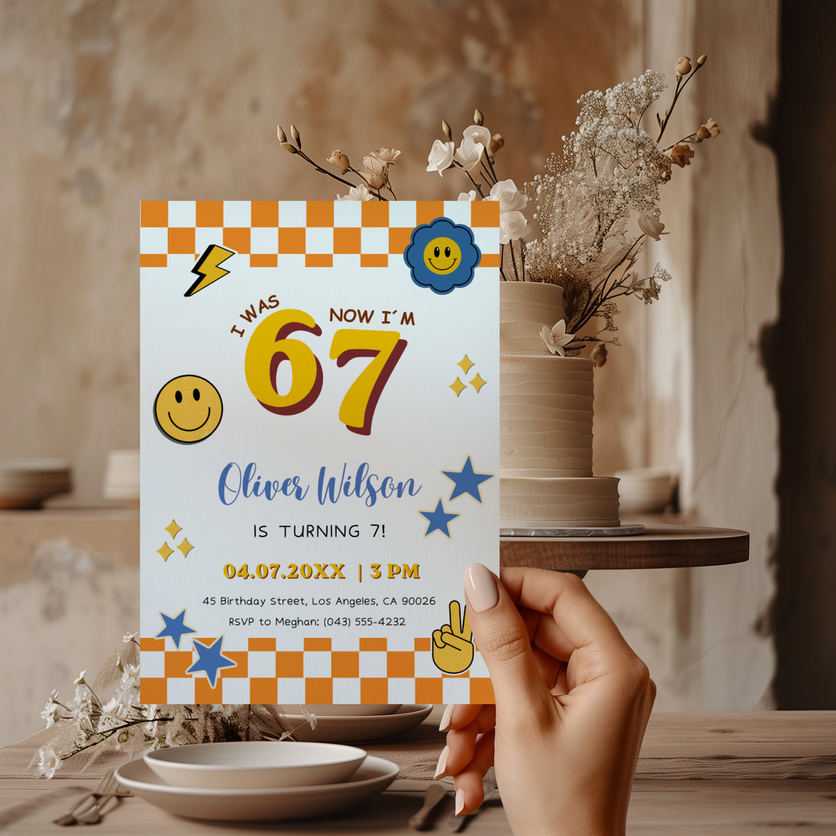 6 7 birthday invitation with bold 67 numbers, orange checkerboard border, happy face icons, blue stars, lightning bolt and peace hand for a retro 7th birthday party.
