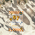 6 7 birthday invitation with bold 67 numbers, orange checkerboard border, happy face icons, blue stars, lightning bolt and peace hand for a retro 7th birthday party.
