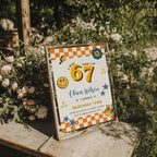 6 7 birthday invitation with bold 67 numbers, orange checkerboard border, happy face icons, blue stars, lightning bolt and peace hand for a retro 7th birthday party.