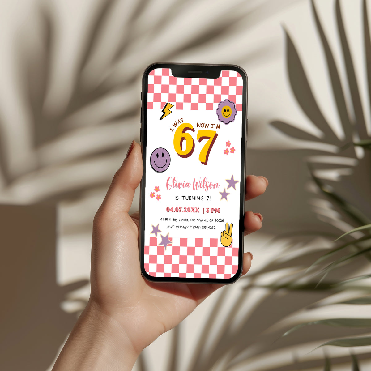 6 7 birthday invitation with bold 67 numbers, pink checkerboard border, happy face icons, retro flowers, purple stars and peace hand for a 7th birthday party.