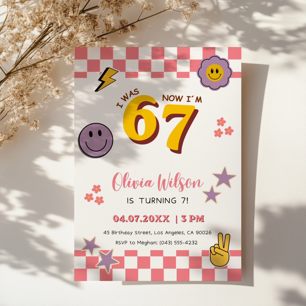 6 7 birthday invitation with bold 67 numbers, pink checkerboard border, happy face icons, retro flowers, purple stars and peace hand for a 7th birthday party.