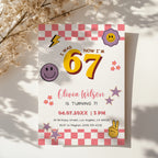 6 7 birthday invitation with bold 67 numbers, pink checkerboard border, happy face icons, retro flowers, purple stars and peace hand for a 7th birthday party.