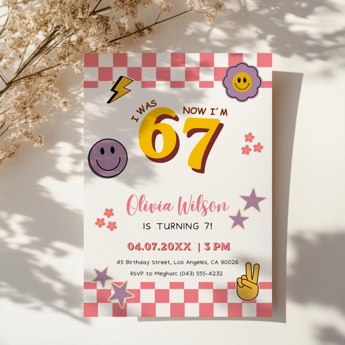 6 7 birthday invitation with bold 67 numbers, pink checkerboard border, happy face icons, retro flowers, purple stars and peace hand for a 7th birthday party.
