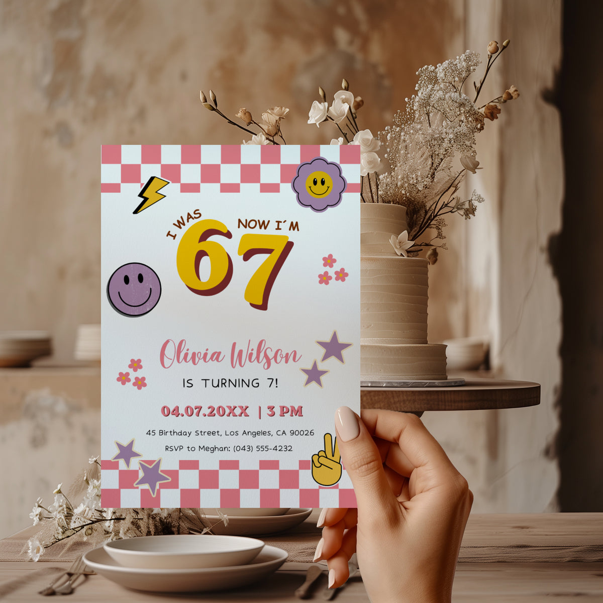 6 7 birthday invitation with bold 67 numbers, pink checkerboard border, happy face icons, retro flowers, purple stars and peace hand for a 7th birthday party.
