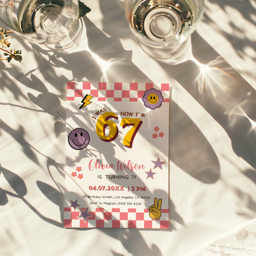 6 7 birthday invitation with bold 67 numbers, pink checkerboard border, happy face icons, retro flowers, purple stars and peace hand for a 7th birthday party.