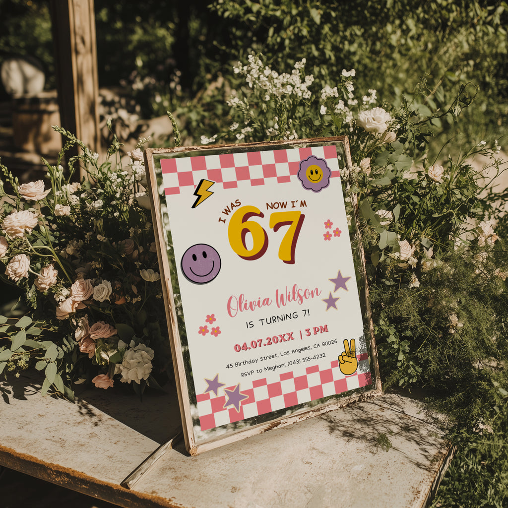 6 7 birthday invitation with bold 67 numbers, pink checkerboard border, happy face icons, retro flowers, purple stars and peace hand for a 7th birthday party.