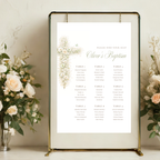 Elegant sage green floral baptism seating chart with vintage floral cross editable in Canva for christening celebrations