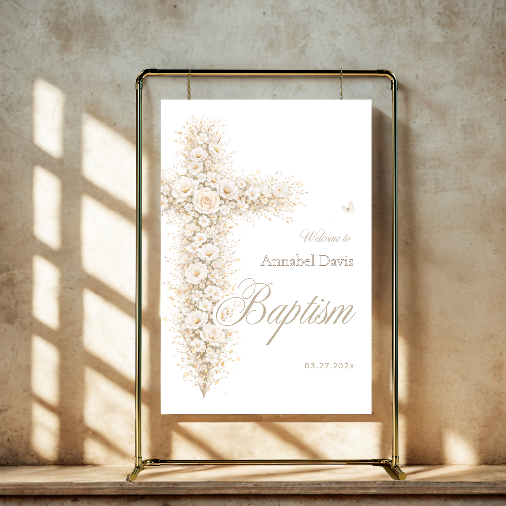Vintage floral baptism welcome sign with neutral gold floral cross and elegant beige baptism theme