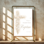 Vintage floral baptism welcome sign with neutral gold floral cross and elegant beige baptism theme