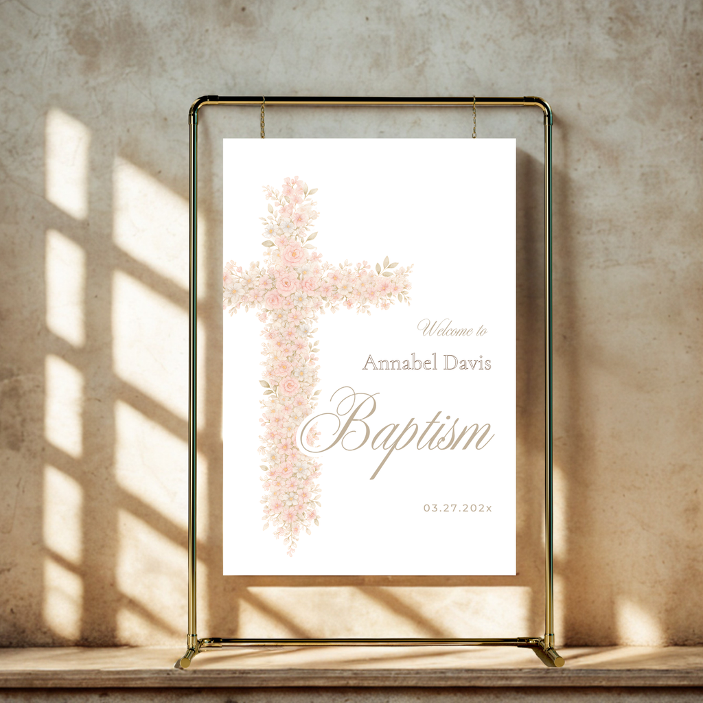 Soft pink floral baptism welcome sign with blush floral cross and elegant neutral religious design