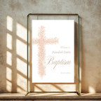 Soft pink floral baptism welcome sign with blush floral cross and elegant neutral religious design