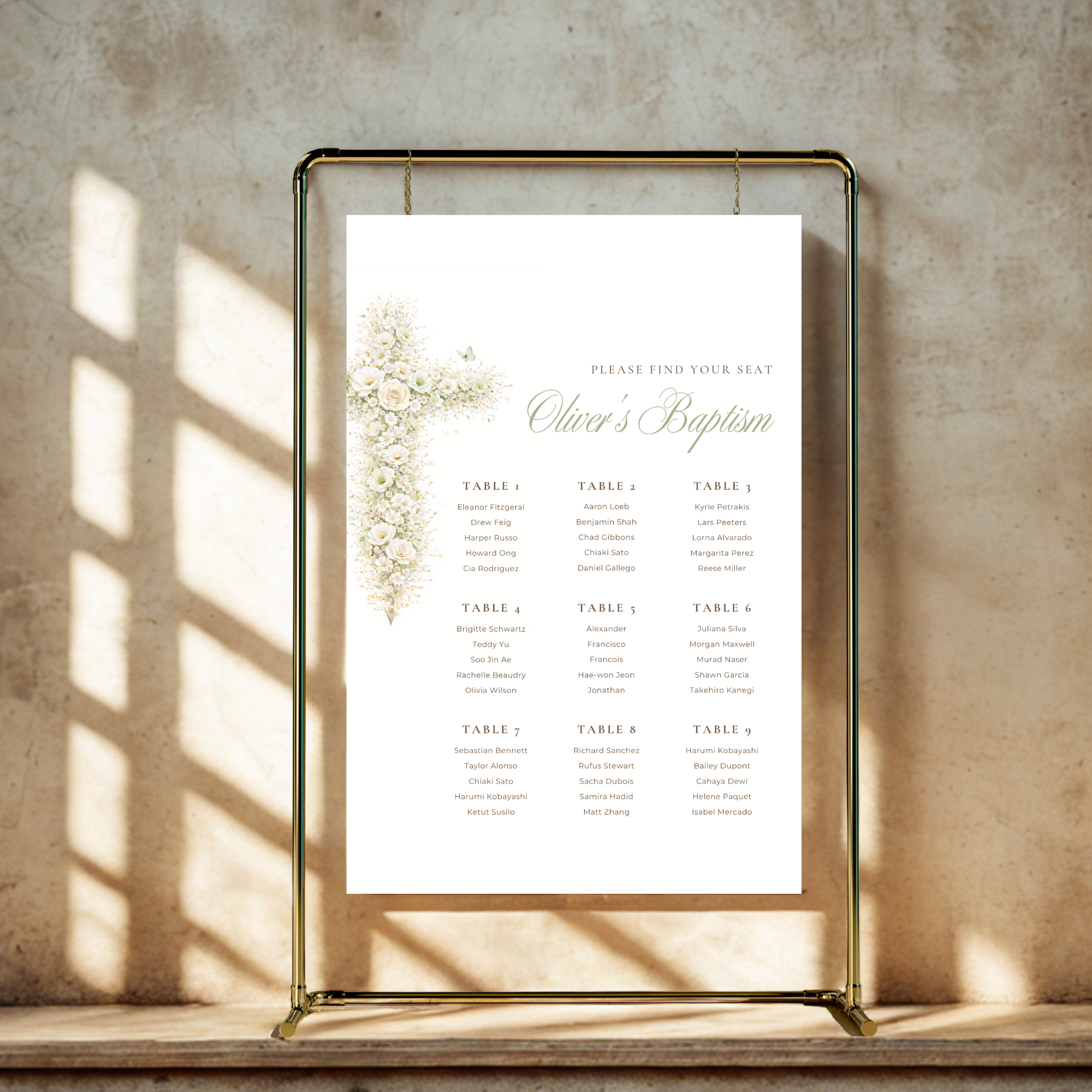 Elegant sage green floral baptism seating chart with vintage floral cross editable in Canva for christening celebrations