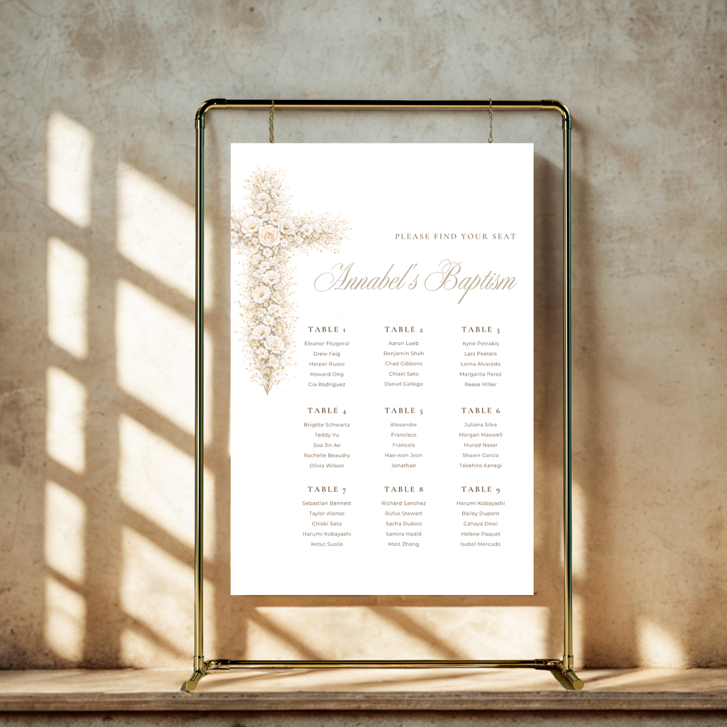 Vintage floral baptism seating chart with neutral gold floral cross and elegant beige christening seating plan design
