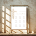 Vintage floral baptism seating chart with neutral gold floral cross and elegant beige christening seating plan design
