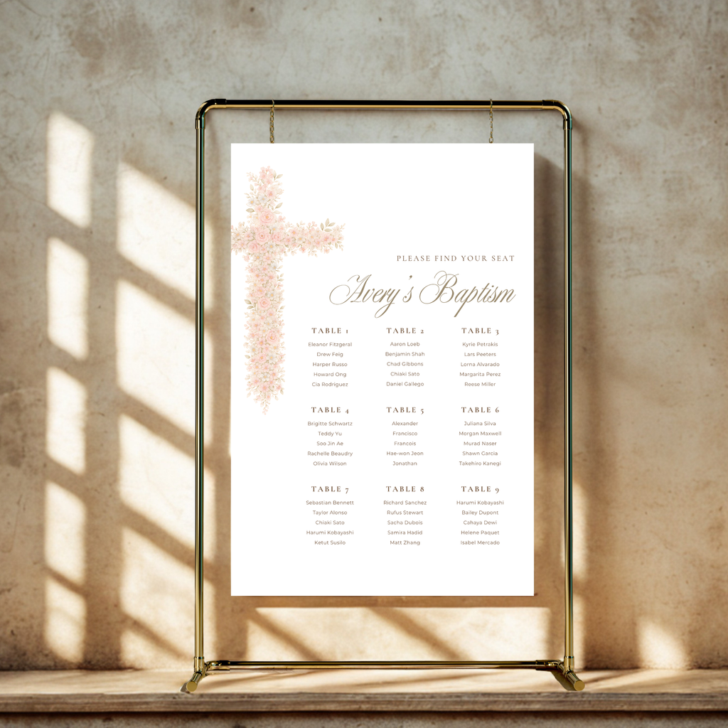 Soft pink floral baptism seating chart with elegant blush floral cross and editable table seating layout
