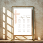 Soft pink floral baptism seating chart with elegant blush floral cross and editable table seating layout