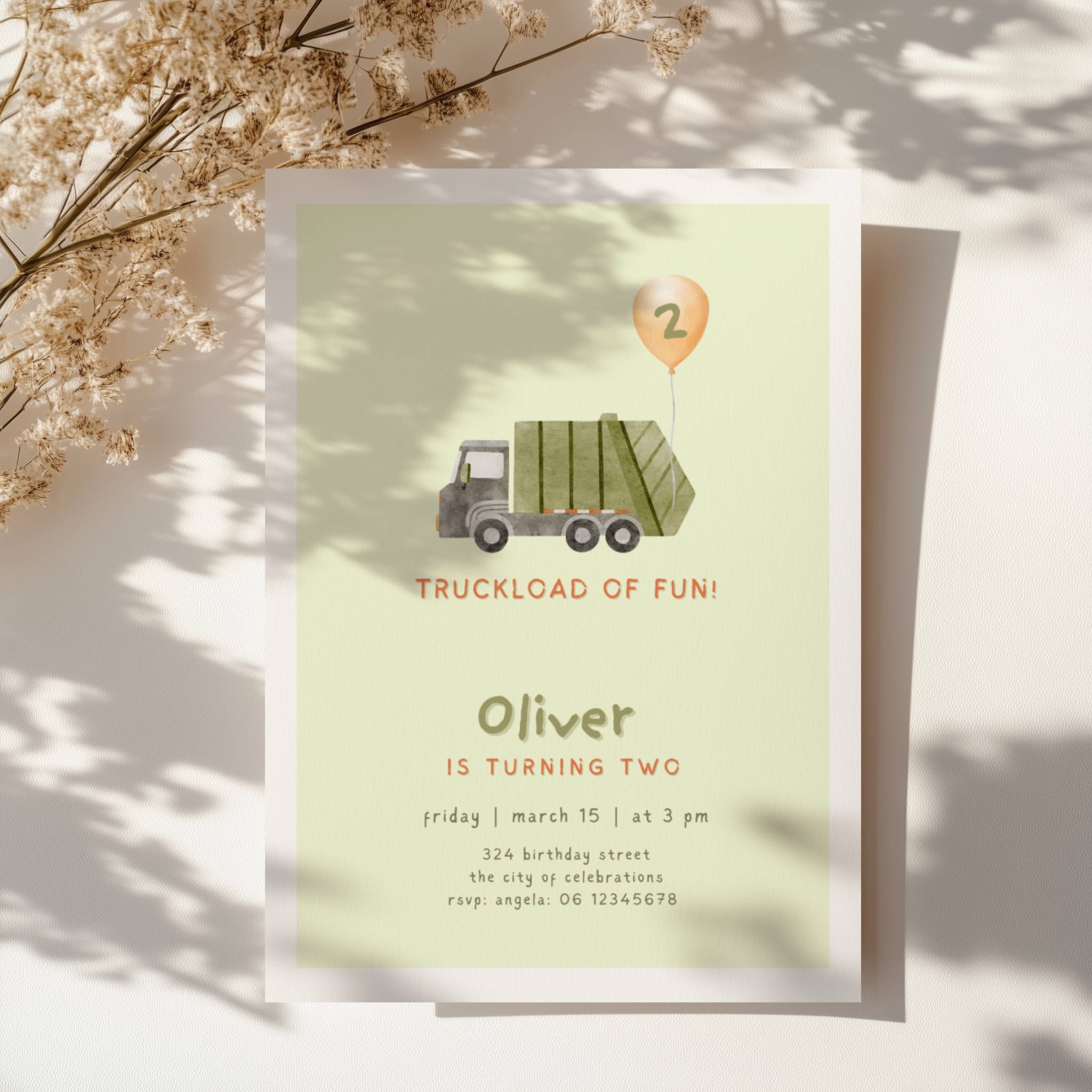 Watercolor truck birthday invitation with green garbage truck illustration and balloon with number two