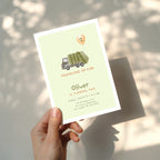 Watercolor truck birthday invitation with green garbage truck illustration and balloon with number two