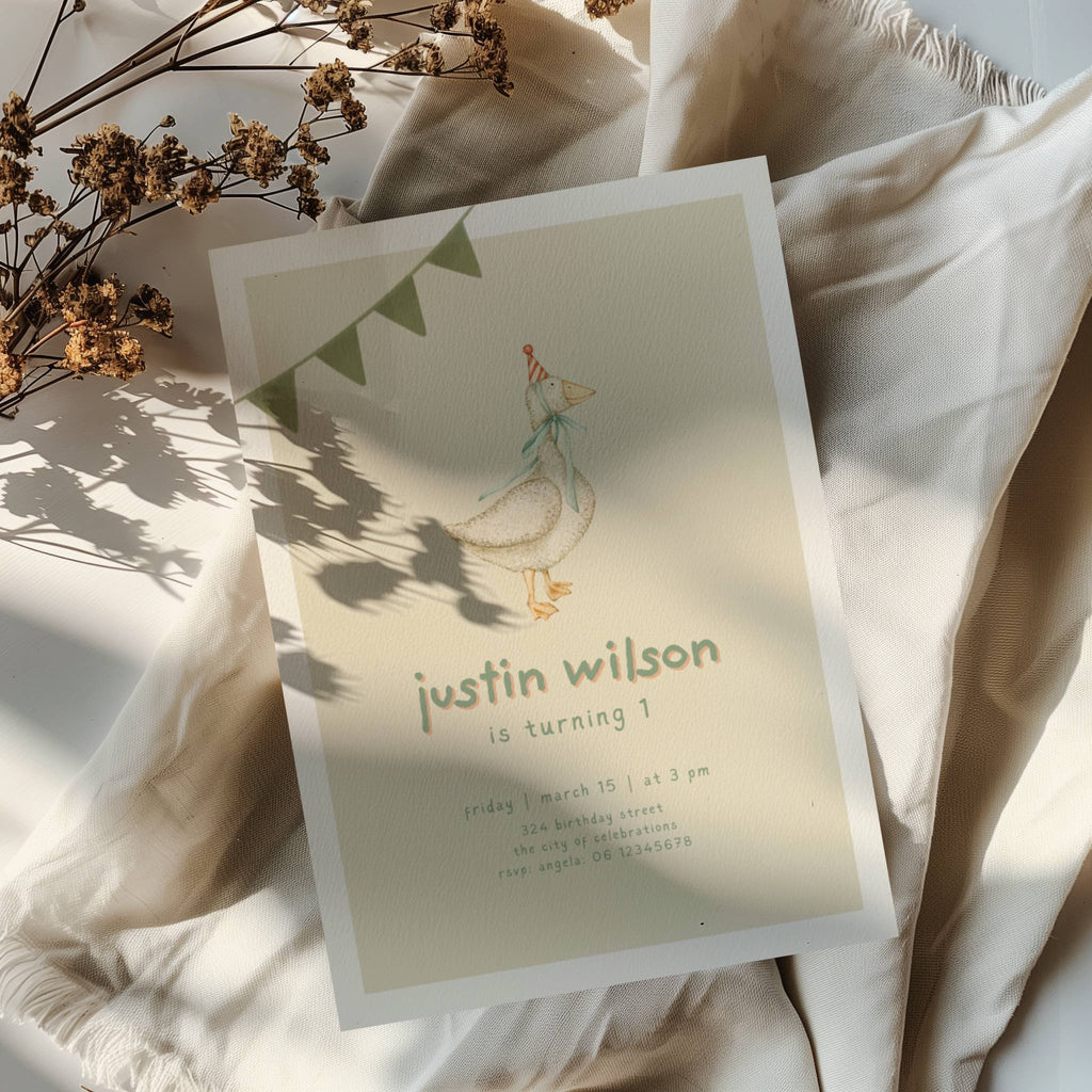 One silly goose birthday invitation with vintage goose illustration, party hat, and soft neutral tones