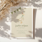 One silly goose birthday invitation with vintage goose illustration, party hat, and soft neutral tones