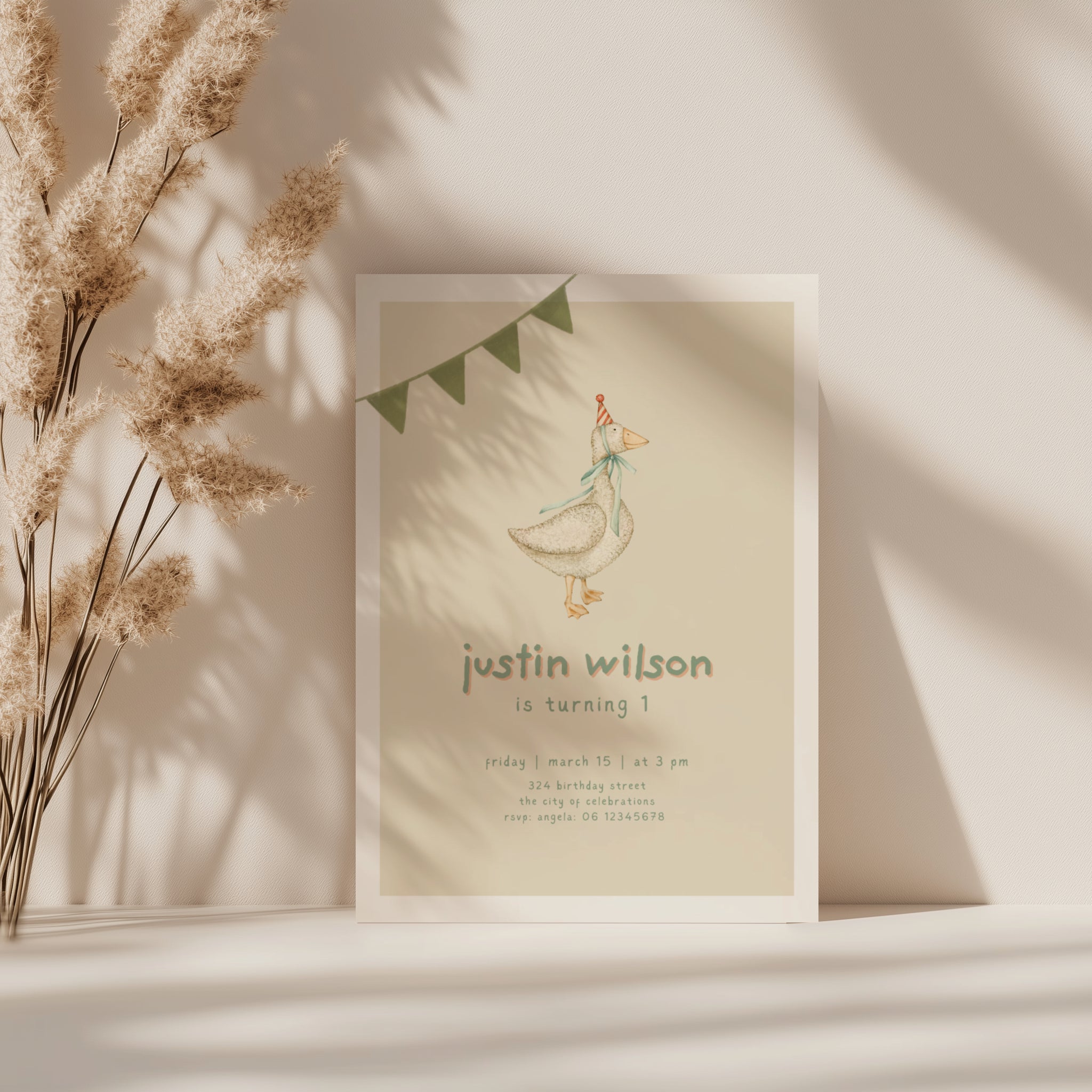 One silly goose birthday invitation with vintage goose illustration, party hat, and soft neutral tones