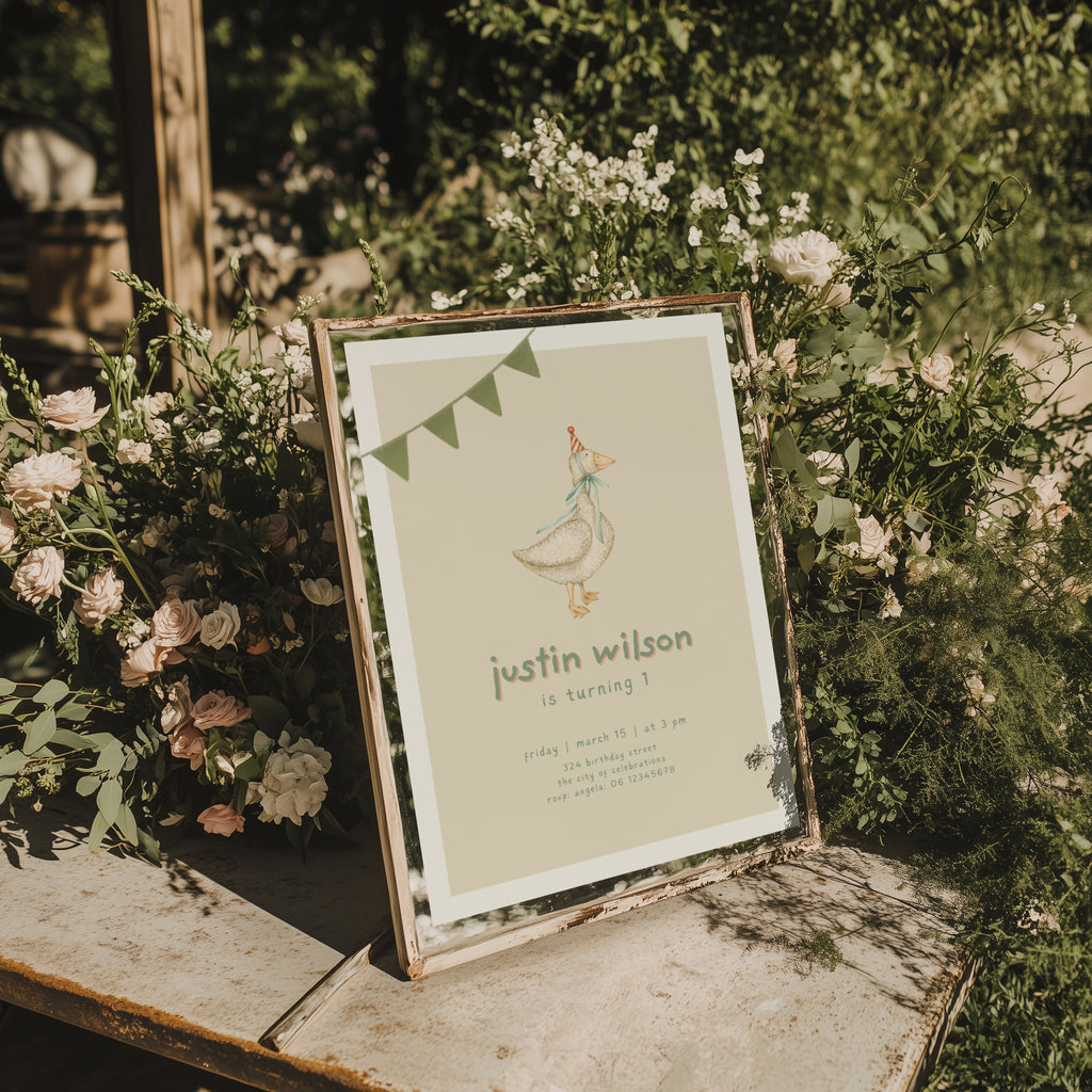 One silly goose birthday invitation with vintage goose illustration, party hat, and soft neutral tones