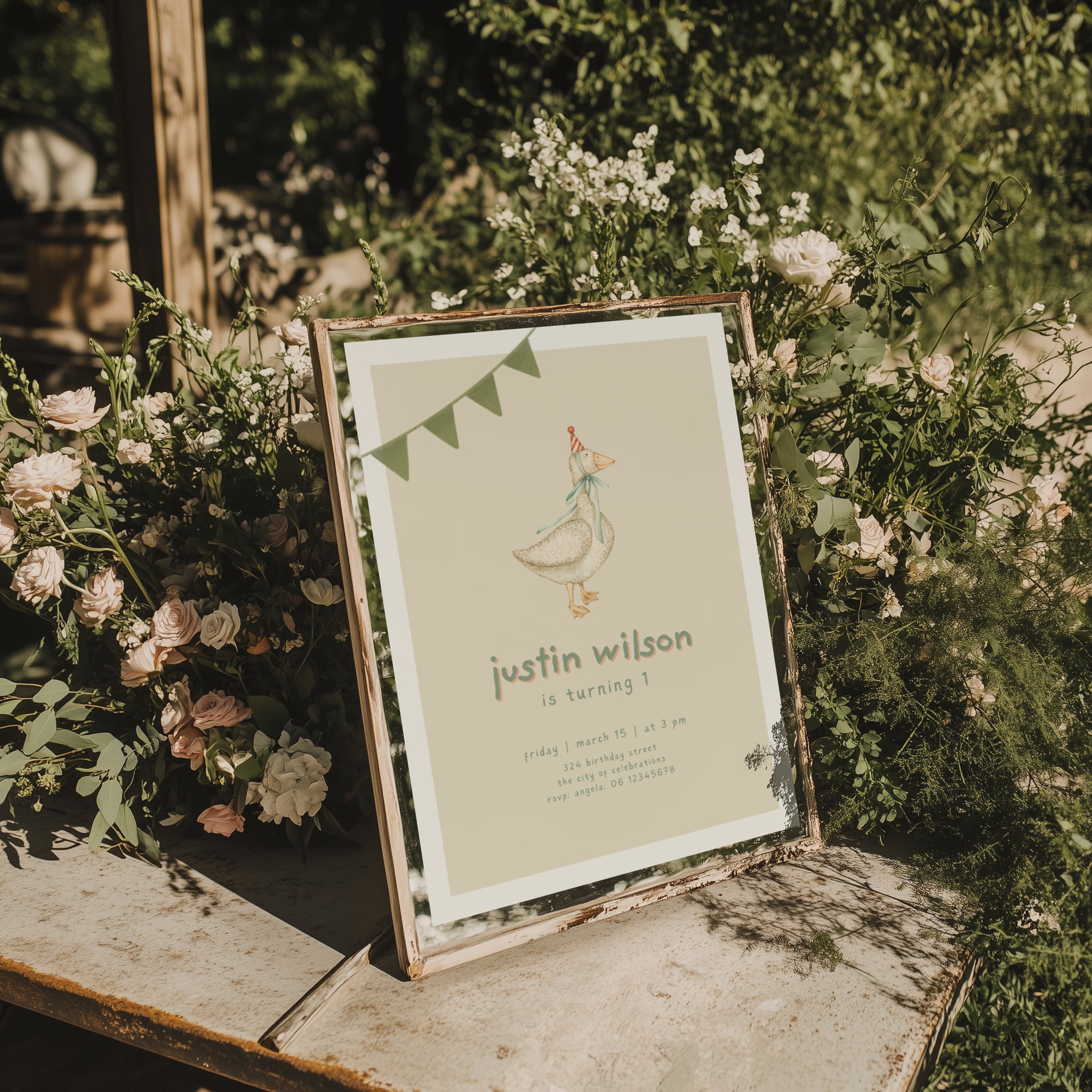 One silly goose birthday invitation with vintage goose illustration, party hat, and soft neutral tones