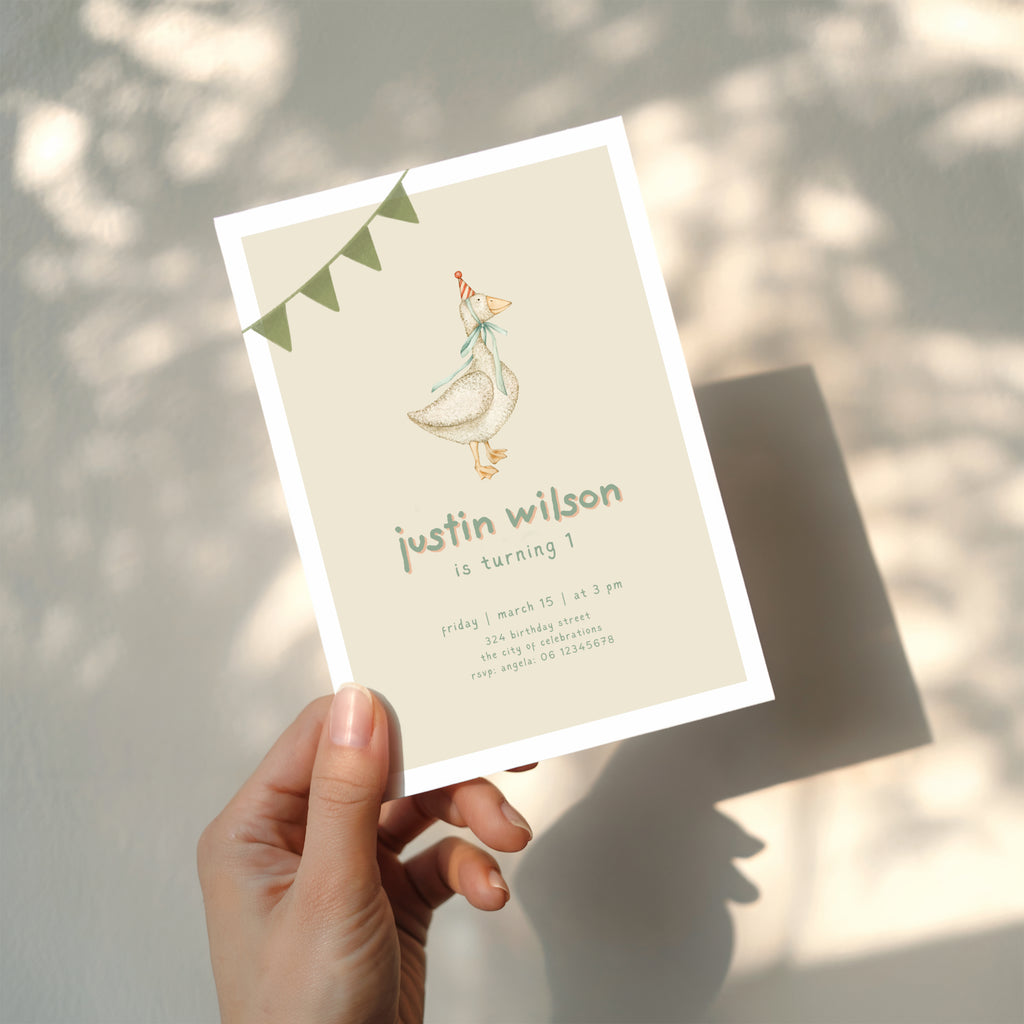 One silly goose birthday invitation with vintage goose illustration, party hat, and soft neutral tones