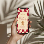 Gingerbread Christmas birthday invitation with cookie illustration and red checkered background