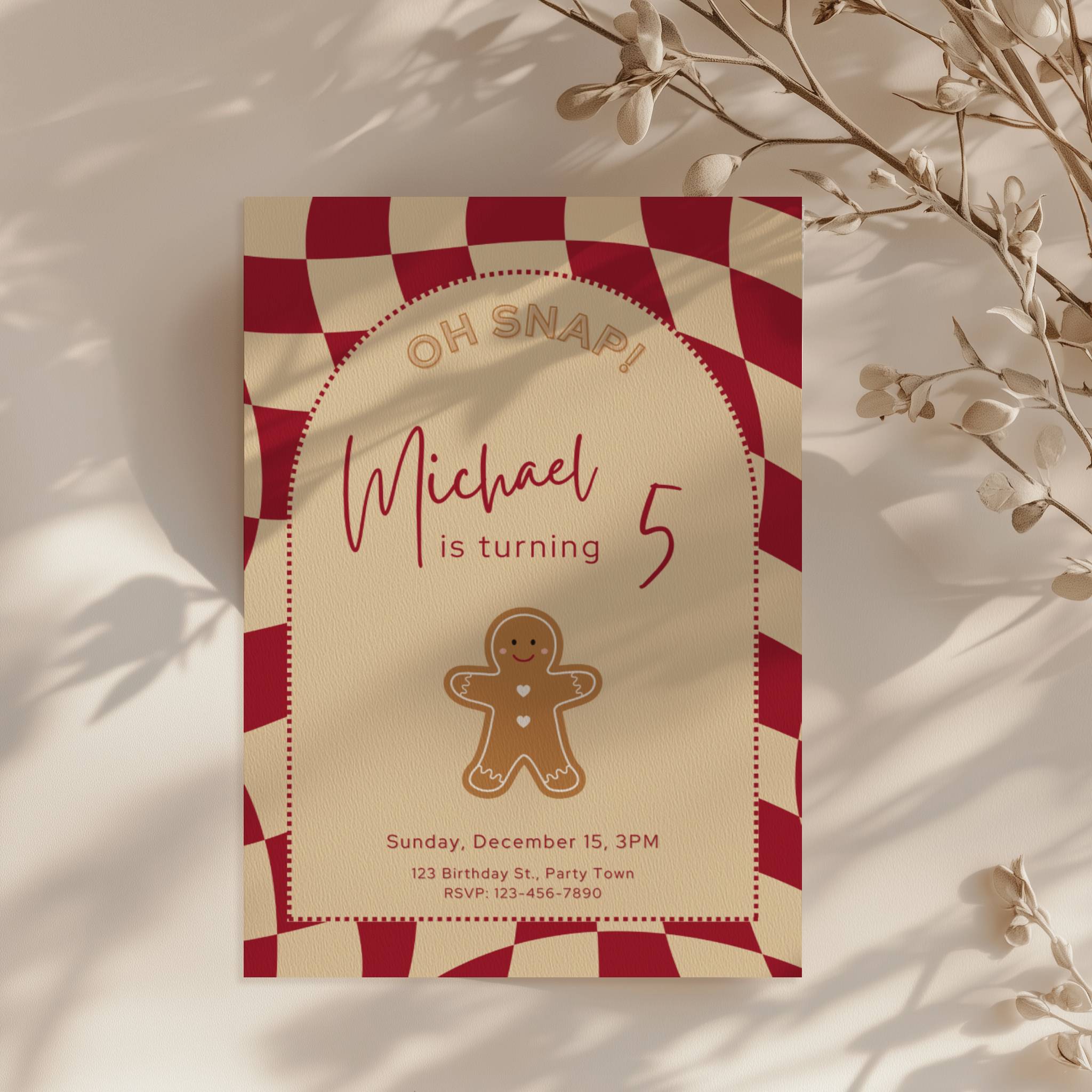 Gingerbread Christmas birthday invitation with cookie illustration and red checkered background
