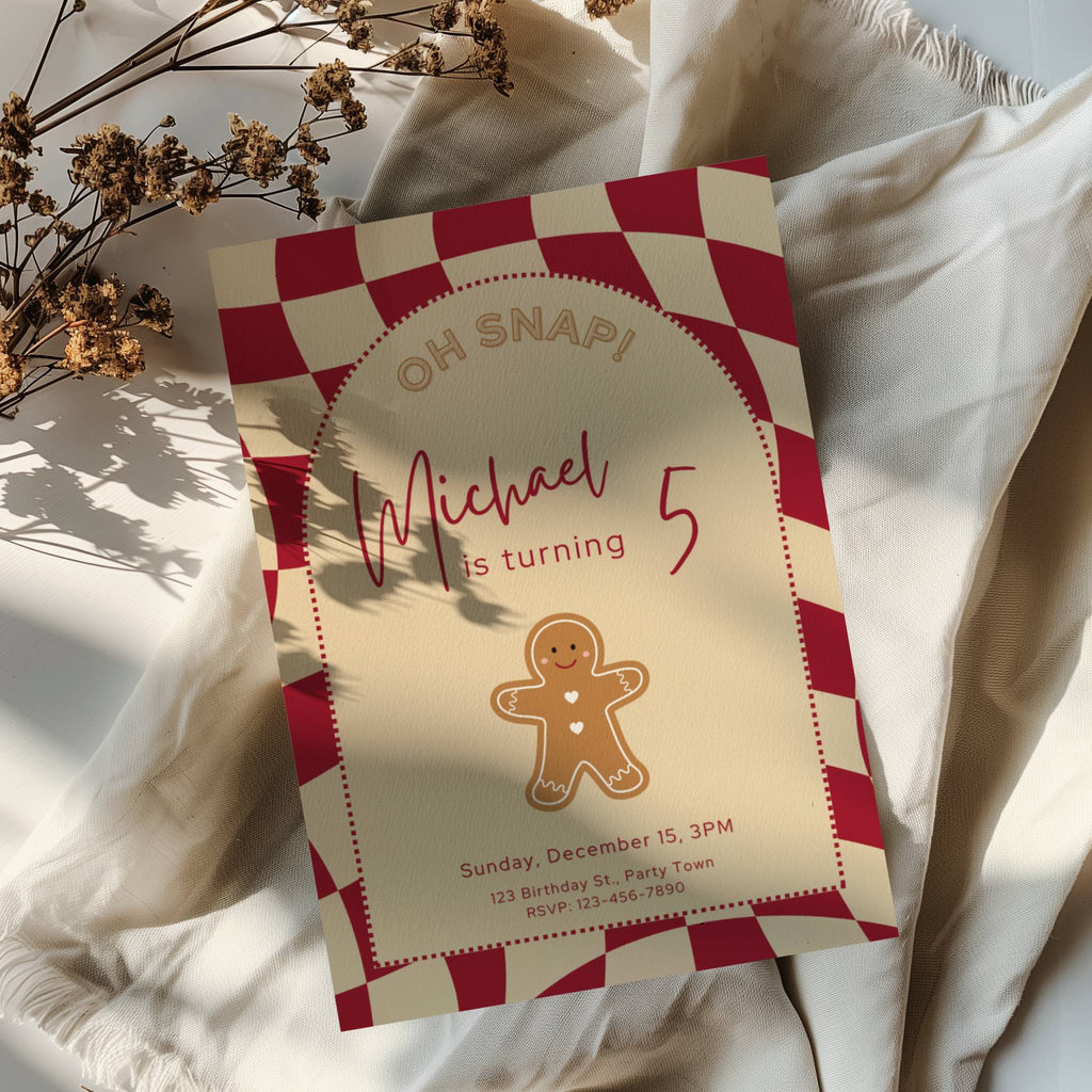 Gingerbread Christmas birthday invitation with cookie illustration and red checkered background