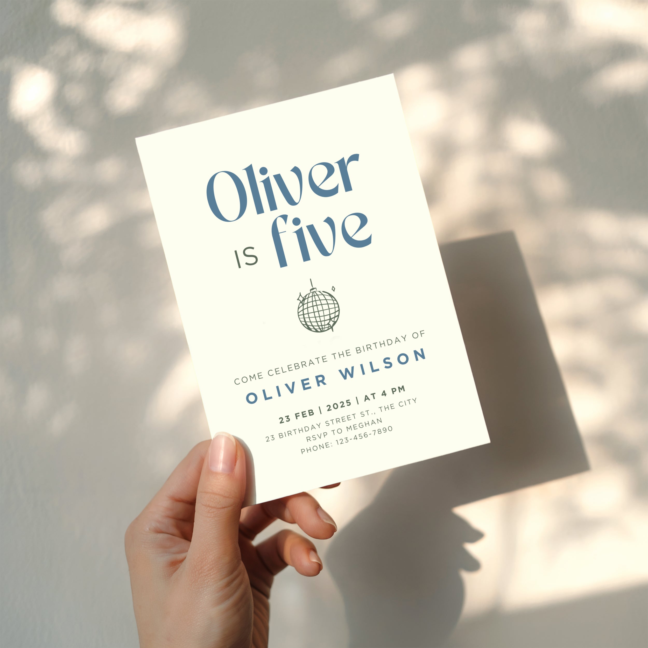 Minimalist disco birthday invitation with disco ball illustration and blue text saying five is a vibe