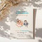 Boy girl twin birthday invitation with superhero boy and fairy girl illustration and floral accents