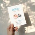 Boy girl twin birthday invitation with superhero boy and fairy girl illustration and floral accents