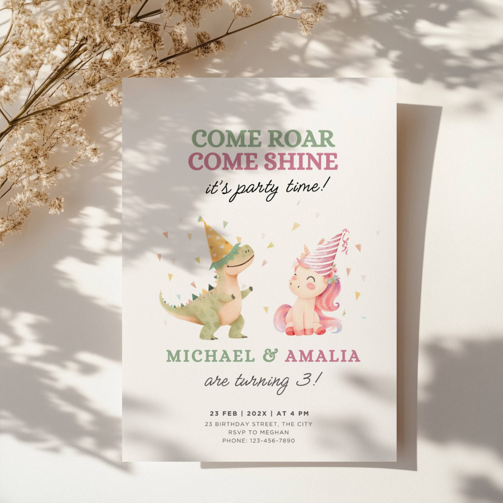 Boy girl twin birthday invitation with dinosaur and unicorn illustration and colorful party theme