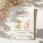 Boy girl twin birthday invitation with dinosaur and unicorn illustration and colorful party theme