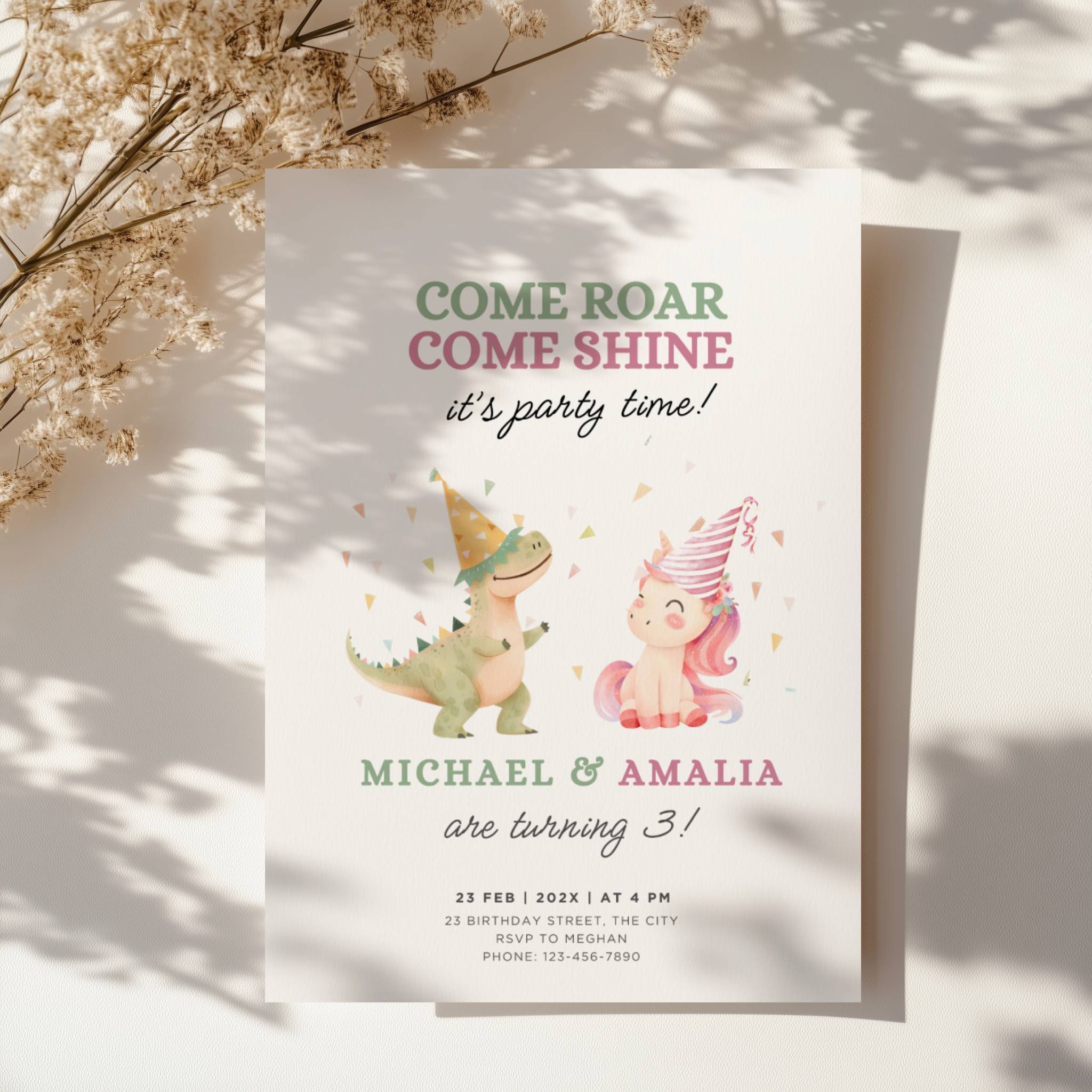 Boy girl twin birthday invitation with dinosaur and unicorn illustration and colorful party theme