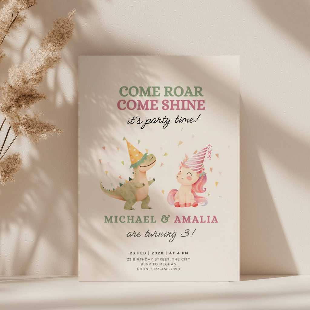 Boy girl twin birthday invitation with dinosaur and unicorn illustration and colorful party theme