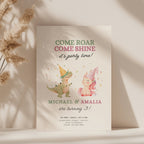 Boy girl twin birthday invitation with dinosaur and unicorn illustration and colorful party theme